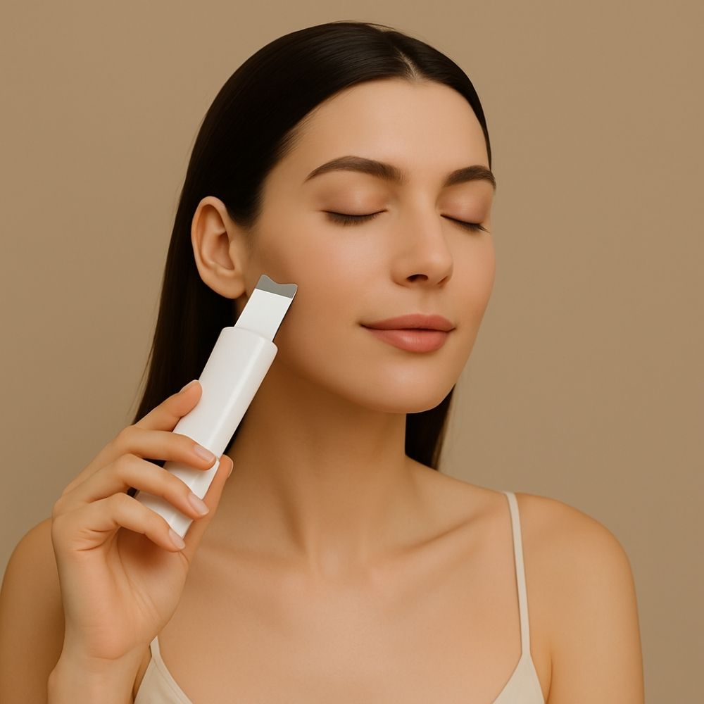 A serene woman using a white facial skincare device on her cheek, eyes closed, with a calm expression.