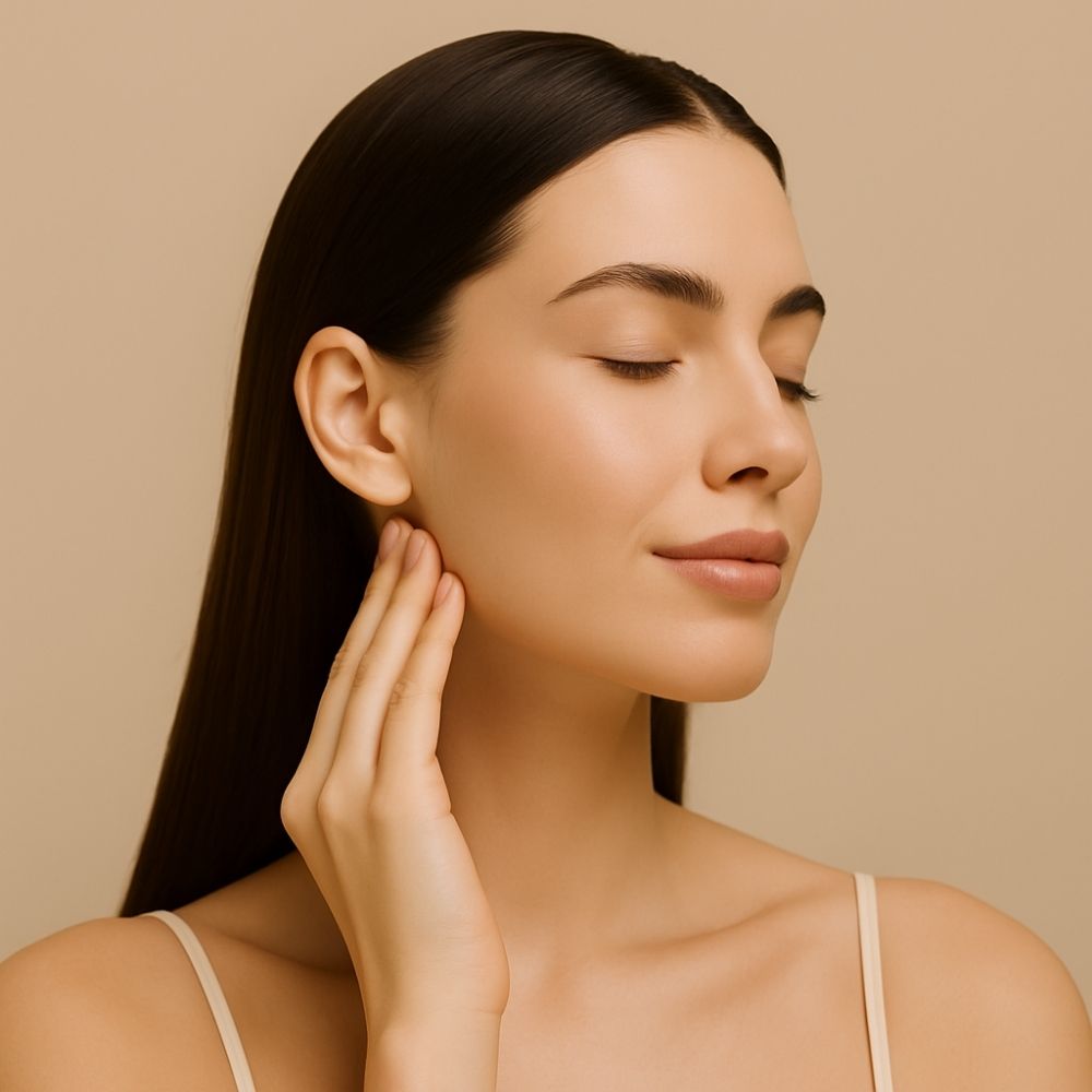A young woman gently touching her face with closed eyes, showcasing smooth, glowing skin.