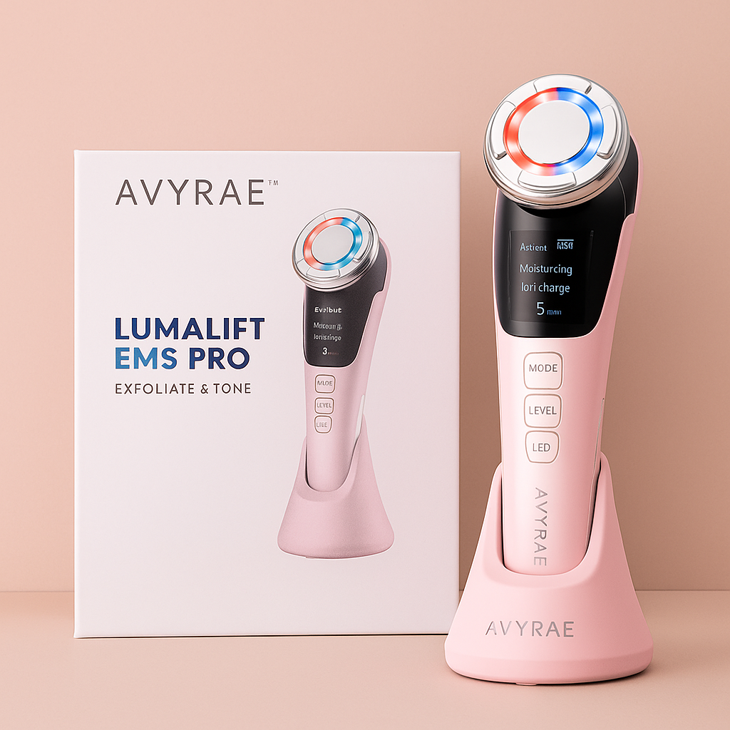 Pink Avyrae™ LumaLift EMS Pro device presented with box packaging and glowing red-blue LED ring.