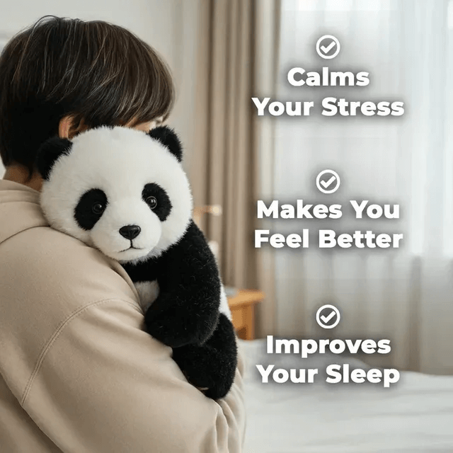 Person holding a panda plush toy with text about its benefits