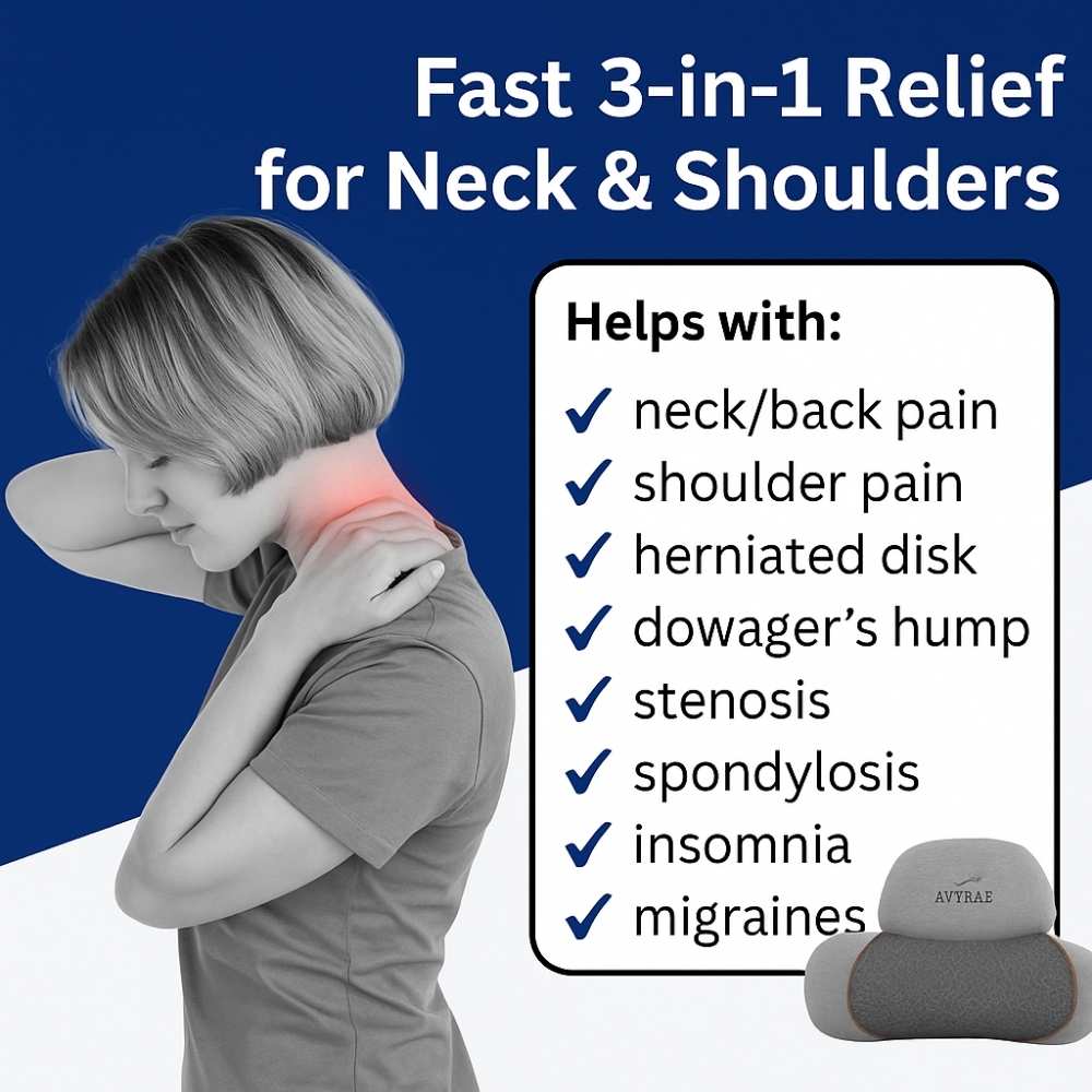 Person with neck and shoulder pain using a neck and shoulder relief device with text highlighting features.