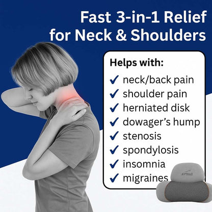 Person with neck and shoulder pain using a neck and shoulder relief device with text highlighting features.