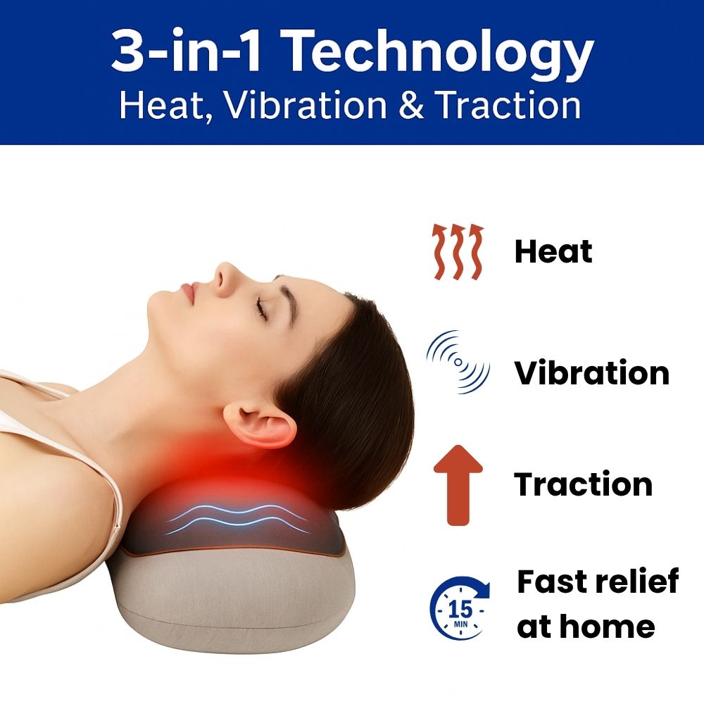 Person receiving neck massage with a device labeled '3-in-1 Technology' for heat, vibration, and traction.