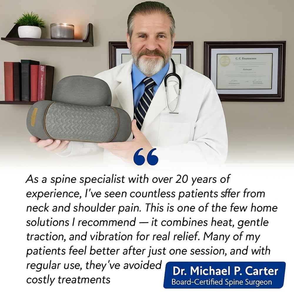 Doctor holding a neck and shoulder massager with text about its benefits.