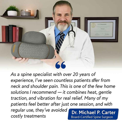 Doctor holding a neck and shoulder massager with text about its benefits.