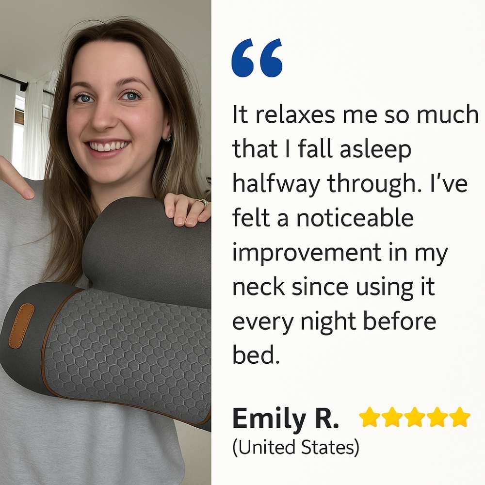 Person holding a neck pillow with a review quote from Emily R.