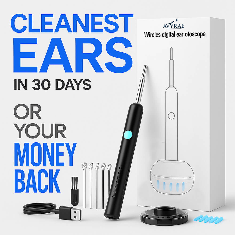 AVYRAE wireless digital ear otoscope with packaging and accessories on a white background