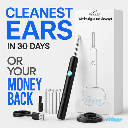 AVYRAE wireless digital ear otoscope with packaging and accessories on a white background