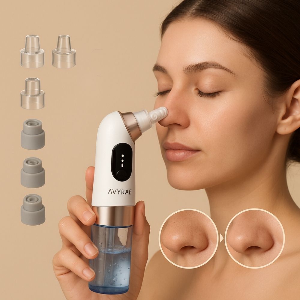 Woman using Avyrae™ AquaLift Pore Vacuum on nose with visible before and after pore results