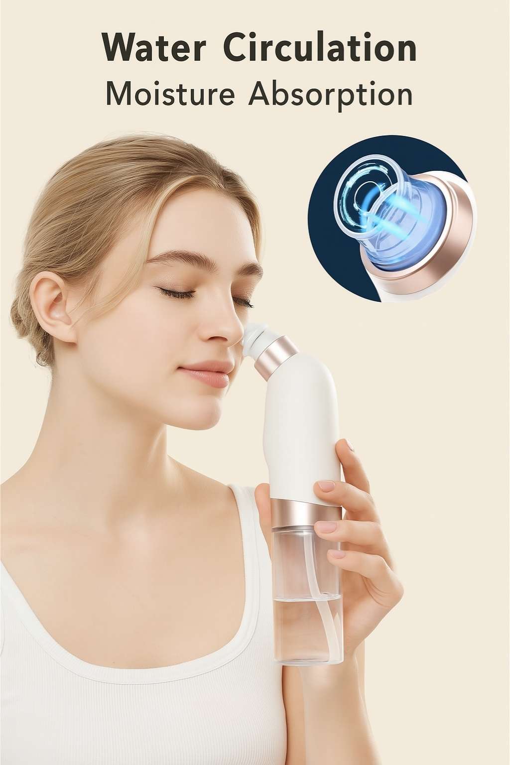 Smiling woman using AquaLift device highlighting water circulation and skin hydration