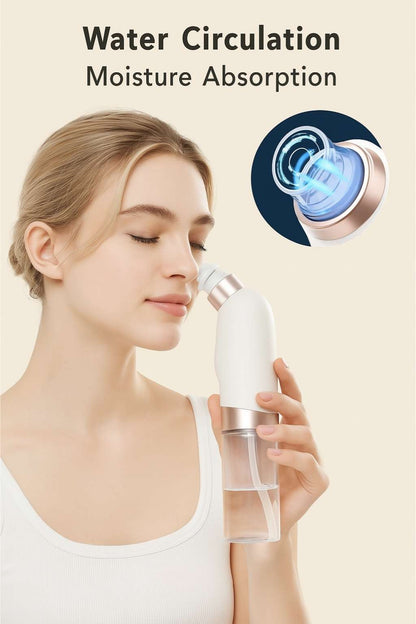 Smiling woman using AquaLift device highlighting water circulation and skin hydration