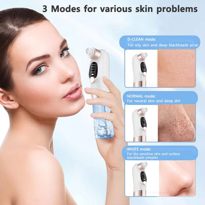 Avyrae™ AquaLift Pore Vacuum shown with 3 modes for different skin types: D-Clean, Normal, and White mode