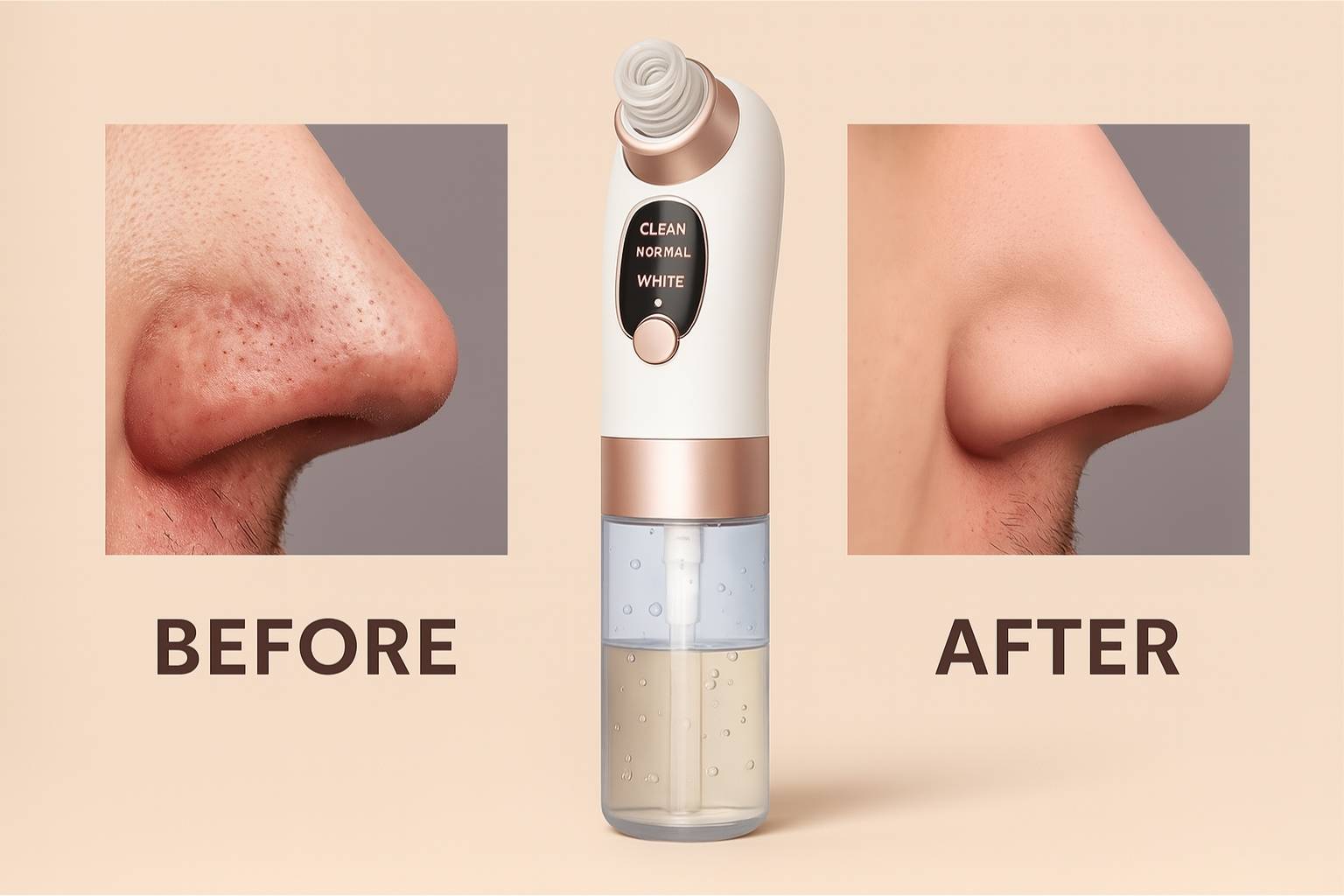 Before and after results of using Avyrae™ AquaLift — visibly clearer pores and smoother nose skin, with the device shown in the center.