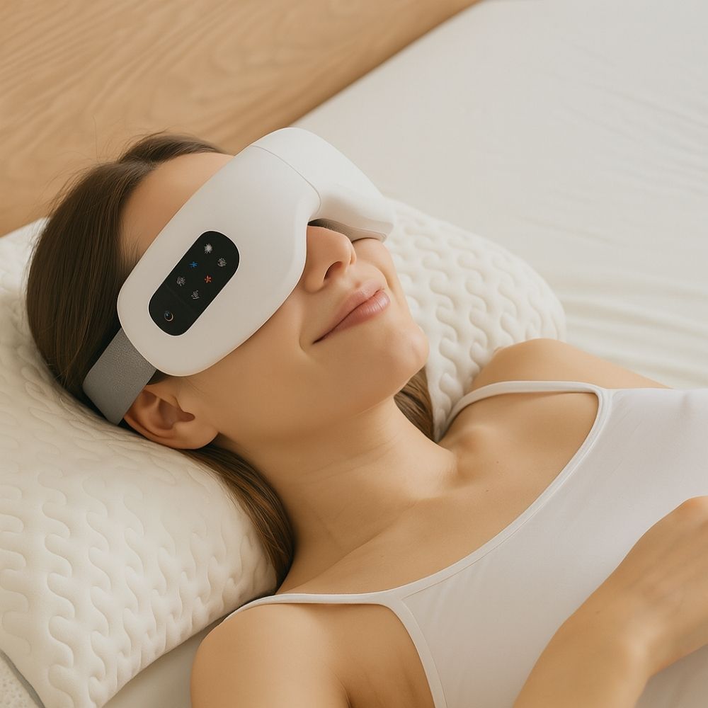 A woman peacefully relaxing on a bed while wearing the Avyrae™ CloudRelax Eye Massager — perfect for rest and recovery.
