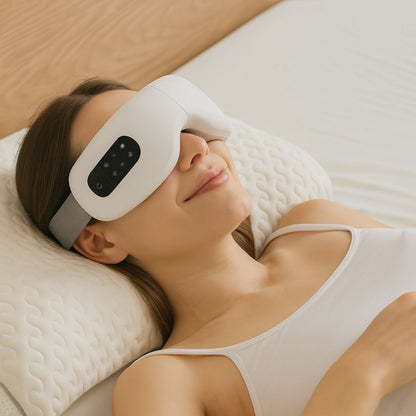 A woman peacefully relaxing on a bed while wearing the Avyrae™ CloudRelax Eye Massager — perfect for rest and recovery.