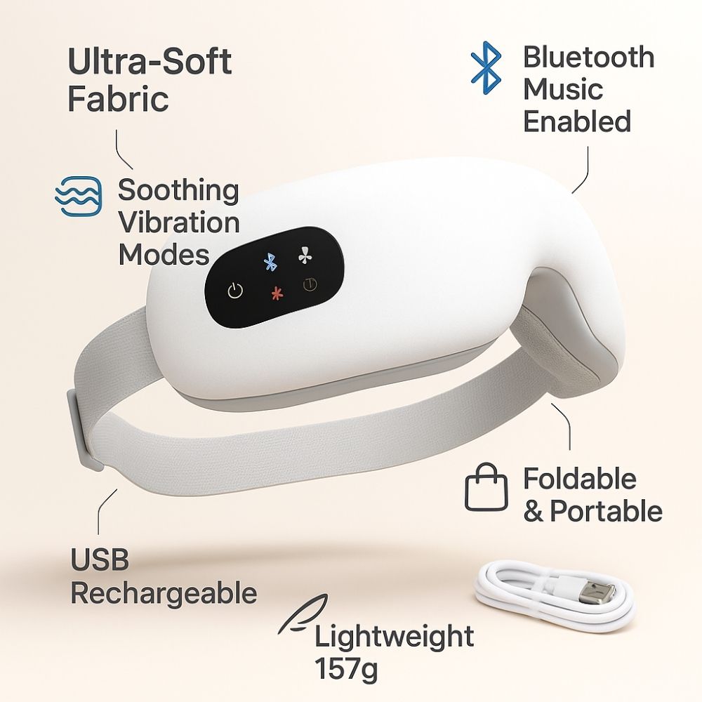 Detailed view of Avyrae™ CloudRelax Eye Massager showing key features: Bluetooth, USB charging, vibration modes, and lightweight design.