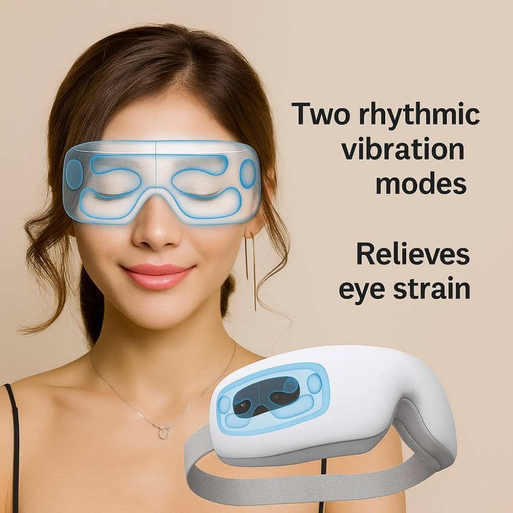 Illustration of dual-zone vibration massage system inside the Avyrae™ CloudRelax Eye Massager, designed to relieve eye strain.