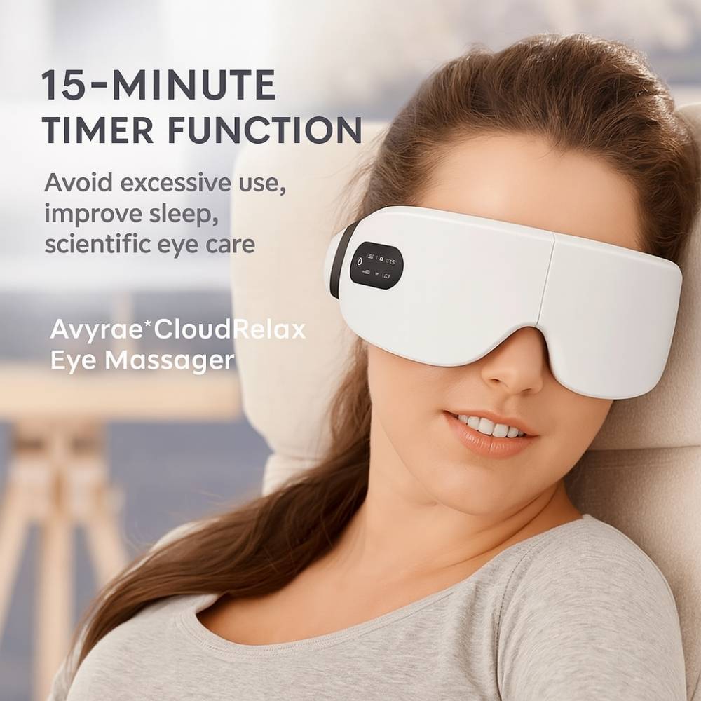 Woman enjoying a session with the Avyrae™ CloudRelax Eye Massager, highlighting its 15-minute timer for safe and effective use.