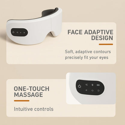 Close-up of the Avyrae™ CloudRelax Eye Massager showcasing face-adaptive design and intuitive one-touch controls.
