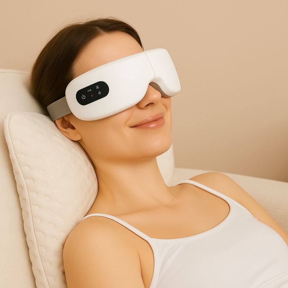 A relaxed young woman reclining in a cozy setting while wearing the Avyrae™ CloudRelax Eye Massager, suggesting comfort and eye relief.