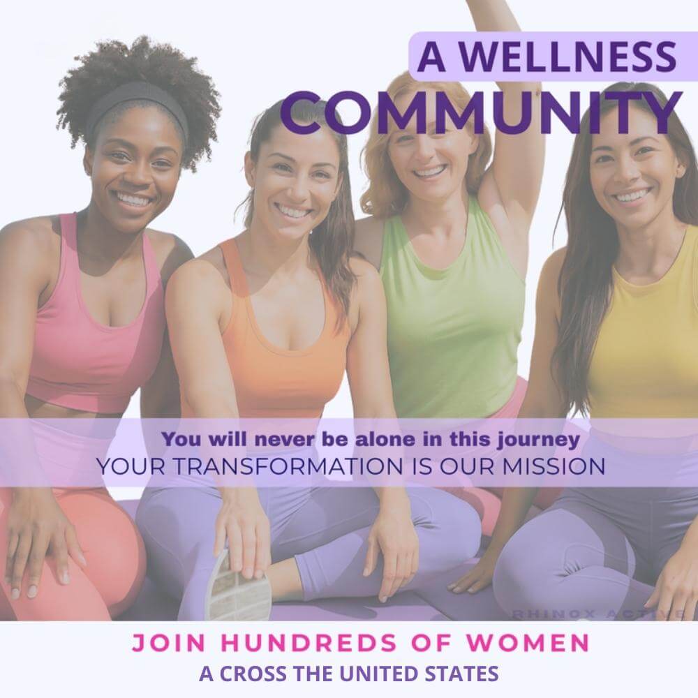 Four women in athletic wear with a wellness community message on a light purple background