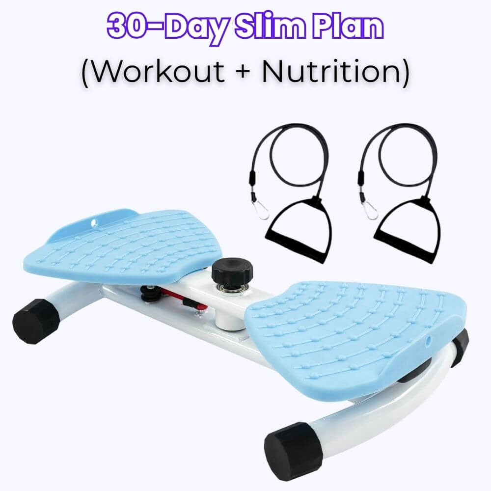 Step machine with headphones and '30-Day Slim Plan' text on a white background