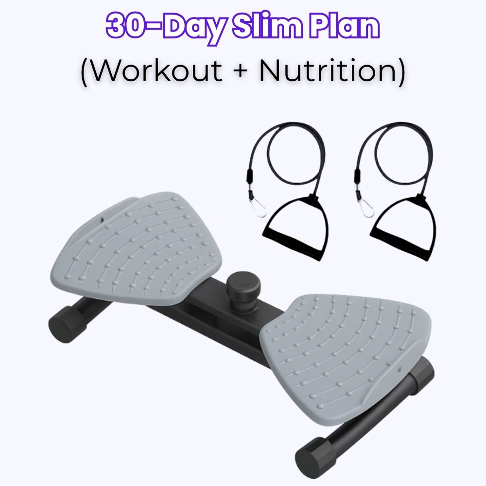 Stepper with resistance bands and '30-Day Slim Plan' text on a white background