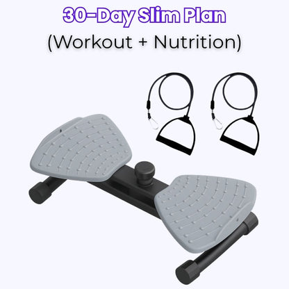 Stepper with resistance bands and '30-Day Slim Plan' text on a white background