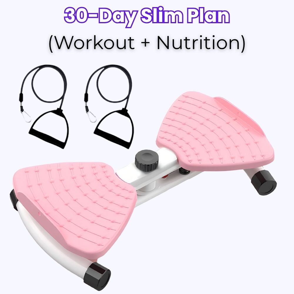 Pink exercise stepper with headphones and '30-Day Slim Plan' text on a white background