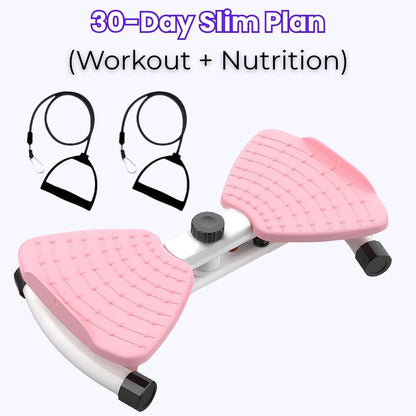 Pink exercise stepper with headphones and '30-Day Slim Plan' text on a white background