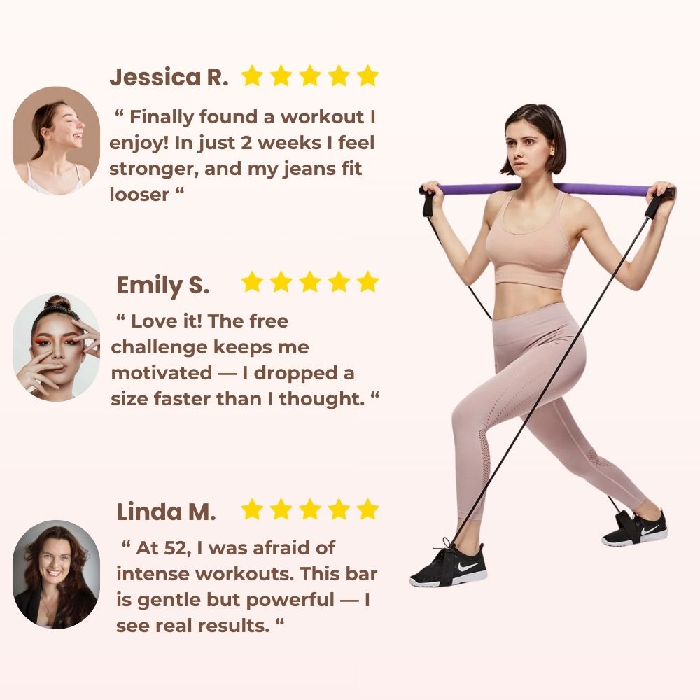 Woman exercising with a resistance band, surrounded by customer testimonials on a white background.