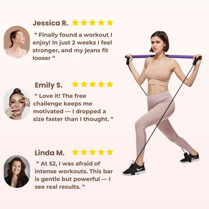 Woman exercising with a resistance band, surrounded by customer testimonials on a white background.