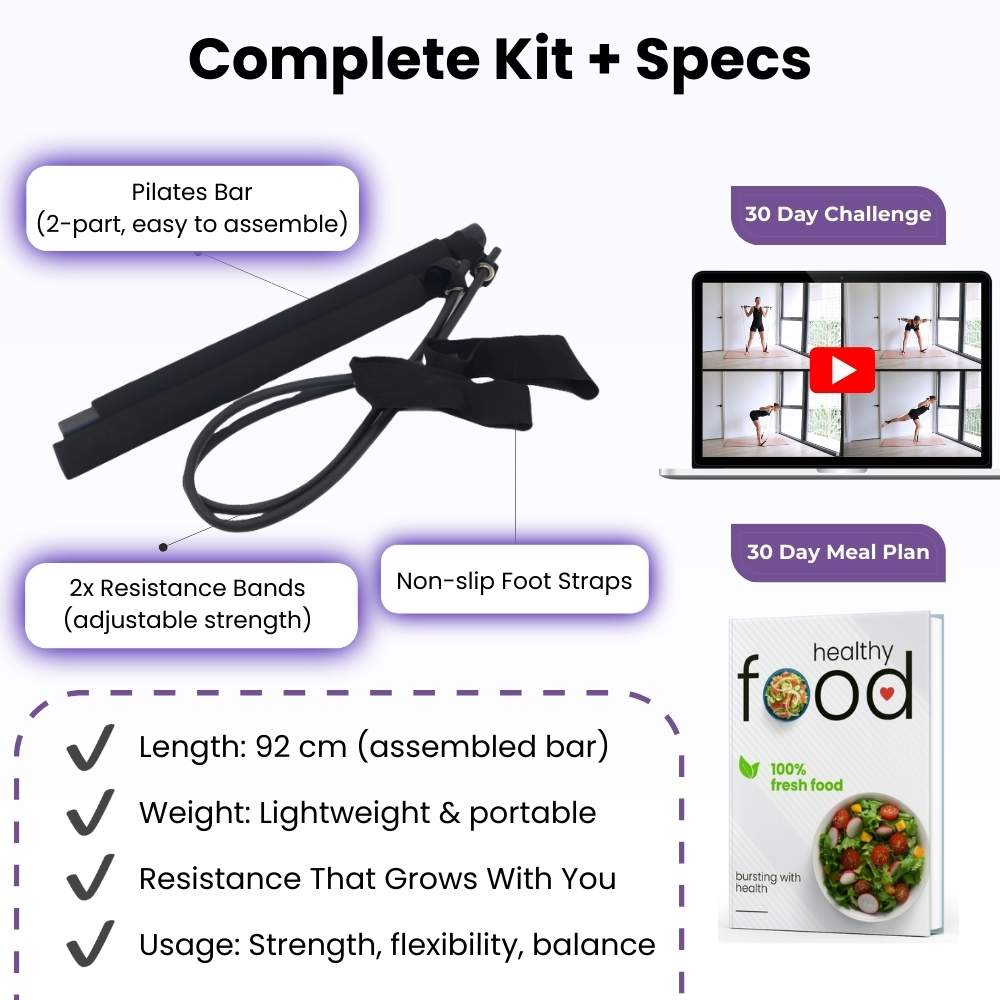 Pilates bar with resistance bands and foot straps, 30-day challenge video, meal plan, and healthy food packaging on a white background.