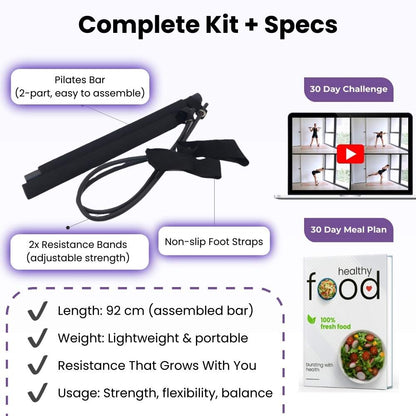 Pilates bar with resistance bands and foot straps, 30-day challenge video, meal plan, and healthy food packaging on a white background.