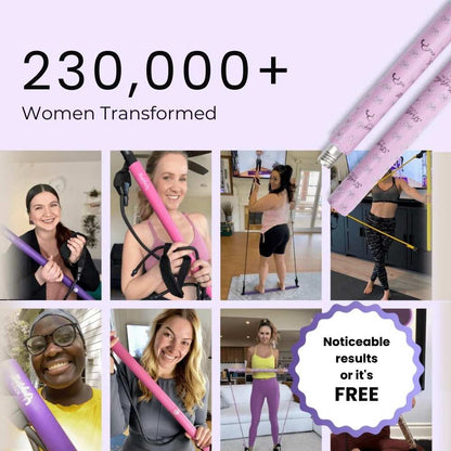 Collage of women using exercise equipment with text about transformation and free offer.