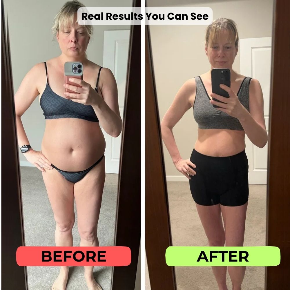 Before and after weight loss transformation shown by a person in two mirror selfies.