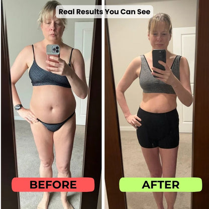 Before and after weight loss transformation shown by a person in two mirror selfies.
