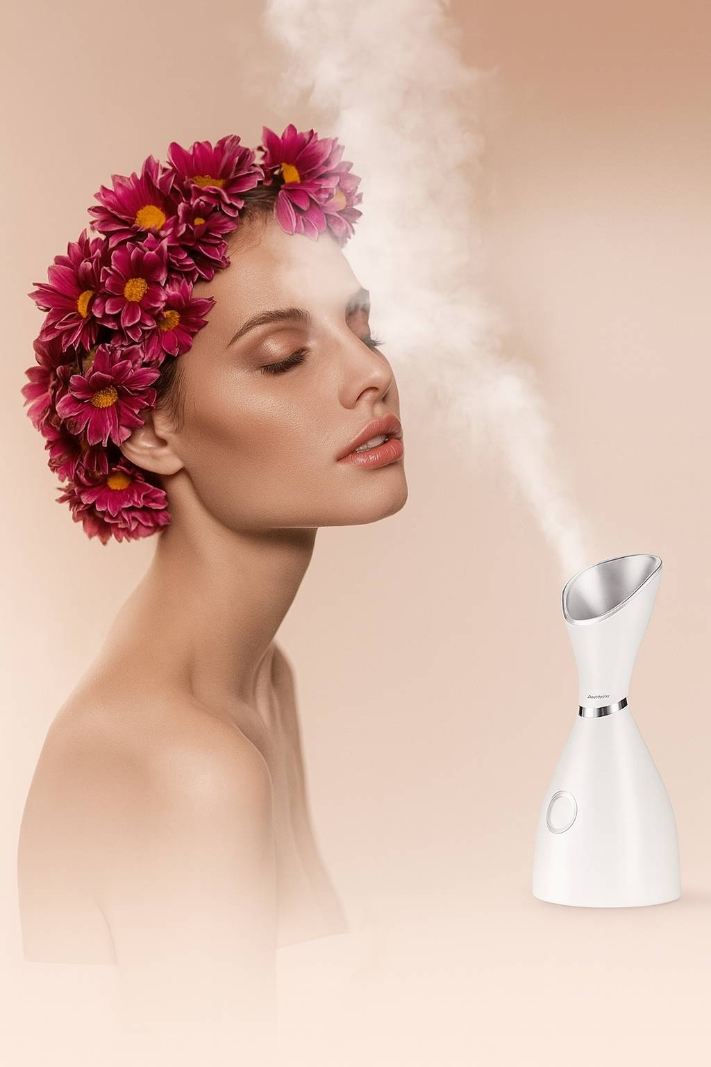 Woman using a facial steamer at home, showcasing steam treatment