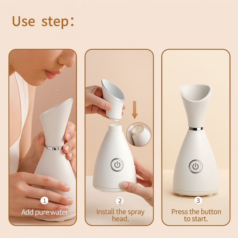 Facial steamer emitting mist, highlighting hydrating feature