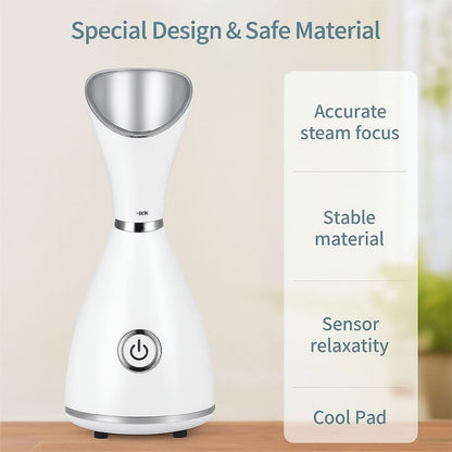 Compact white facial steamer with single-button control feature
