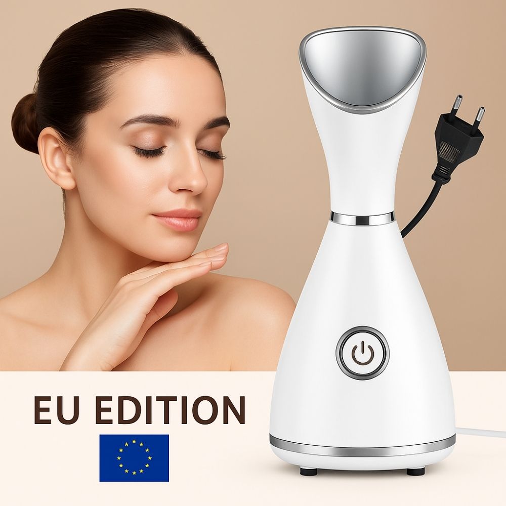 Facial steamer with EU plug and European Union flag, labeled "EU Edition"