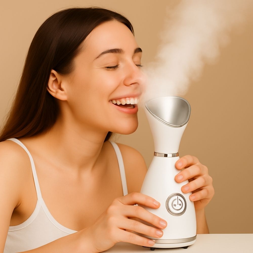 A smiling young woman using the GlowMist Nano Facial Steamer, with steam directed towards her face in a warm, lifestyle setting.