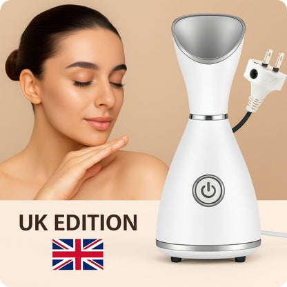 Facial steamer with UK plug and British flag, labeled "UK Edition"