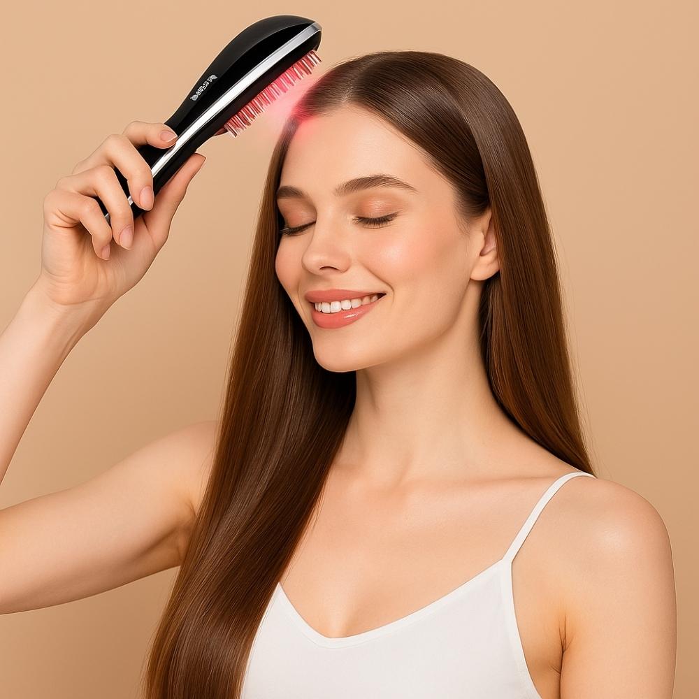 A smiling woman using the Avyrae™ HairGrow Massage Comb with red LED light on her scalp, demonstrating hair care in a premium beige setting.