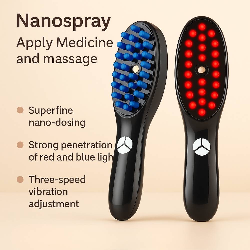 Two Avyrae™ HairGrow Massage Combs showing blue and red light therapy modes, with text highlighting nanospray, nano-dosing, and vibration features on a beige background.