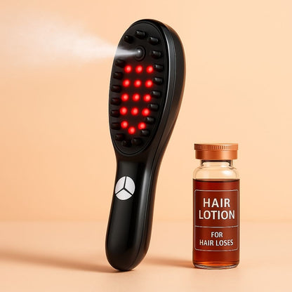 Avyrae™ HairGrow Massage Comb emitting a red light and nanospray mist next to a brown hair lotion bottle, displayed on a neutral beige surface.