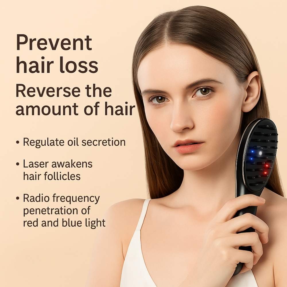 A woman holding the Avyrae™ HairGrow Massage Comb to her temple, with descriptive text about its benefits like oil regulation and follicle stimulation on a beige background.