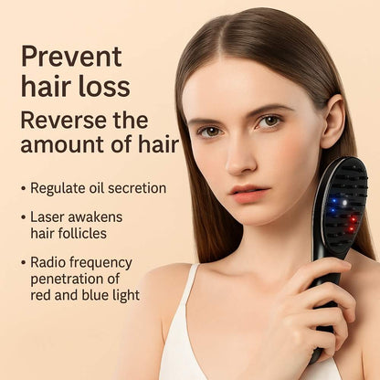 A woman holding the Avyrae™ HairGrow Massage Comb to her temple, with descriptive text about its benefits like oil regulation and follicle stimulation on a beige background.