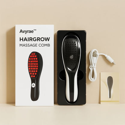 Full product packaging of the Avyrae™ HairGrow Massage Comb including the comb, box, USB charging cable, and instruction card, presented in a flat lay beige composition.