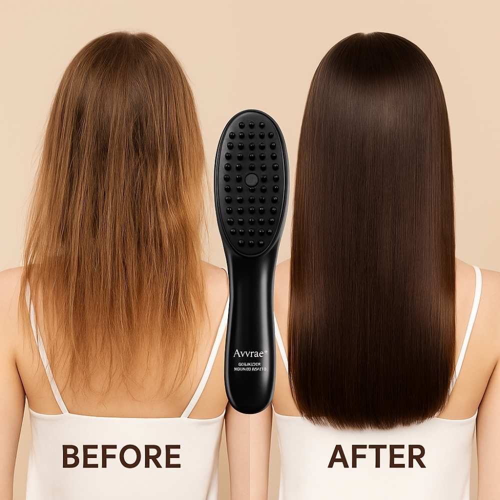 Before and after comparison showing a woman with dry, frizzy hair on the left and smooth, shiny, healthy hair on the right, with the Avyrae™ HairGrow Massage Comb centered between them.